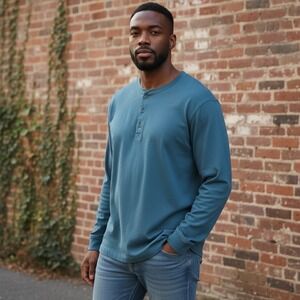 NEW Mens Long Sleeve Henley Shirt Teal‎ Blue Size XXXL Preppy 100% Cotton